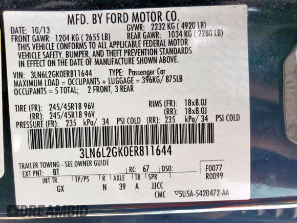 2014 Lincoln MKZ with VIN 3LN6L2GK0ER811644, listed as a Copart auction lot 60094105 with 115,623 mi miles and Salvage title. Bid and sale history available at DreamBid. Image 13.