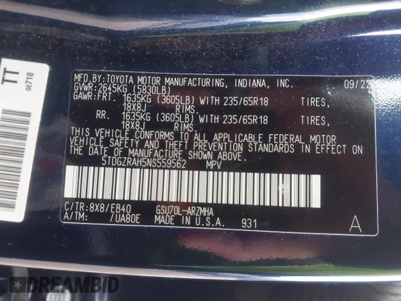 2022 Toyota Highlander XLE z VIN 5TDGZRAH5NS559562, wystawiony jako IAAI lot #41540293 z przebiegiem 36 421 mil mil oraz . Historia ofert i sprzedaży dostępna na DreamBid. Obrazek 9.