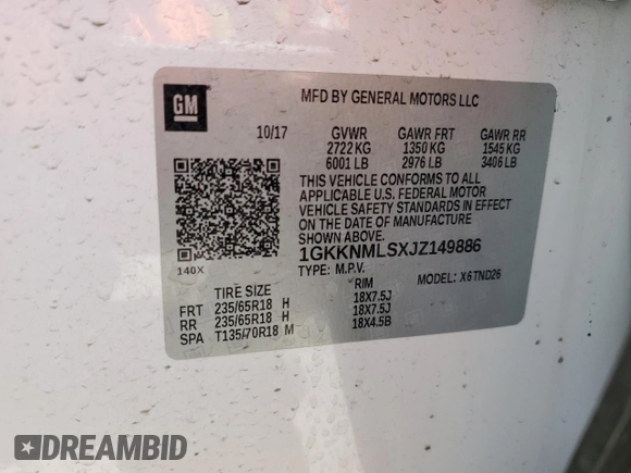 2018 GMC Acadia SLT with VIN 1GKKNMLSXJZ149886, listed as a Copart auction lot 57349045 with 60,792 mi miles and Salvage title. Bid and sale history available at DreamBid. Image 14.
