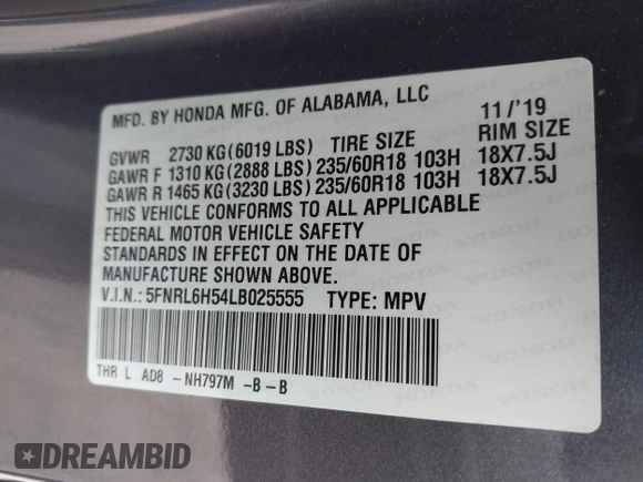2020 Honda Odyssey EX with VIN 5FNRL6H54LB025555, listed as a IAAI auction lot 42512480 with 95,425 mi miles and . Bid and sale history available at DreamBid. Image 9.