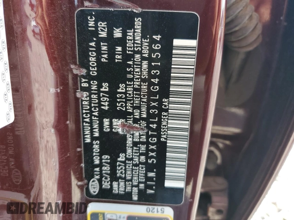 2020 Kia Optima LX with VIN 5XXGT4L3XLG431564, listed as a Copart auction lot 53740835 with 116,934 mi miles and Salvage title. Bid and sale history available at DreamBid. Image 14.