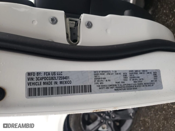 2020 Dodge Journey Crossroad with VIN 3C4PDCGB2LT259401, listed as a Copart auction lot 45880165 with 16,741 mi miles and Salvage Title. Bid and sale history available at carsss.com. Image 13.