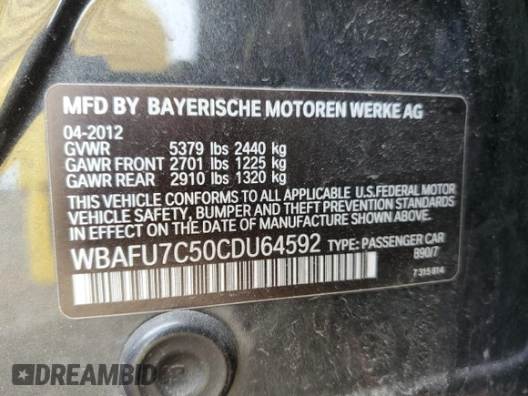 2012 BMW 5 Series 535i xDrive z VIN WBAFU7C50CDU64592, wystawiony jako Copart lot #54578135 z przebiegiem 125 983 mil mil oraz Szkoda całkowita • Salvage title. Historia ofert i sprzedaży dostępna na DreamBid. Obrazek 13.