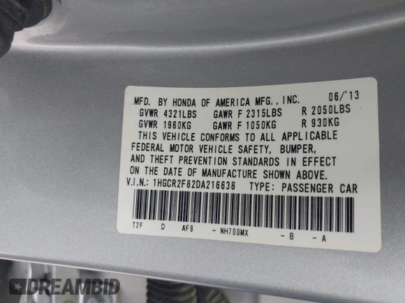 2013 Honda Accord Sdn EX-L with VIN 1HGCR2F82DA216638, listed as a IAAI auction lot 41955781 with 147,974 mi miles. Bid and sale history available at carsss.com. Image 9.