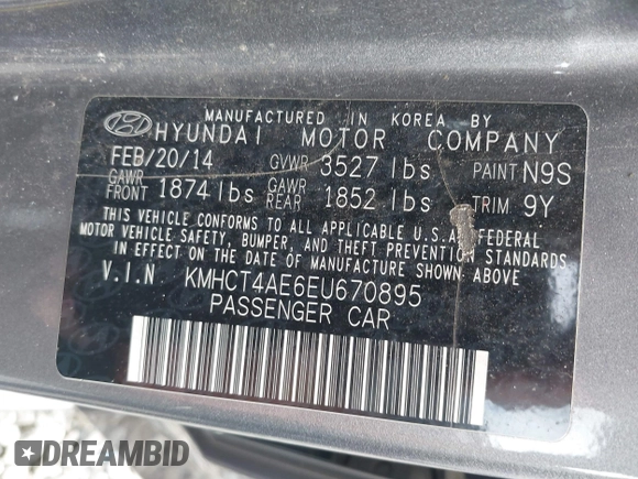 2014 Hyundai Accent GLS with VIN KMHCT4AE6EU670895, listed as a IAAI auction lot 42197066 with 142,983 mi miles and . Bid and sale history available at carsss.com. Image 9.