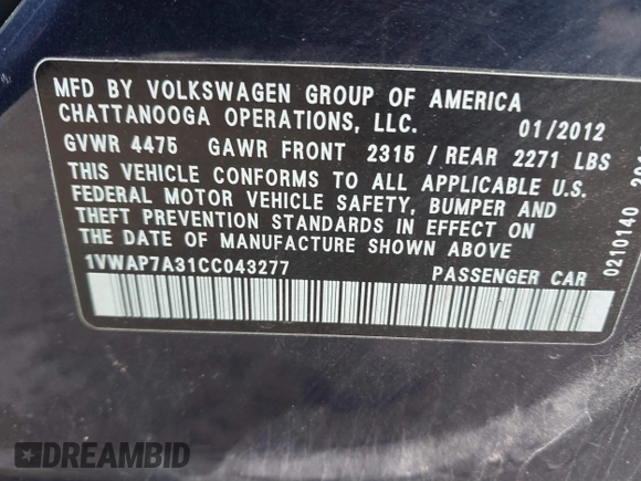 2012 Volkswagen Passat S w/Appearance with VIN 1VWAP7A31CC043277, listed as a IAAI auction lot 41456953 with 93,884 mi miles. Bid and sale history available at carsss.com. Image 9.