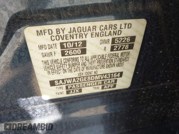 2013 Jaguar XJ Supercharged with VIN SAJWA2GE8DMV43164, listed as a IAAI auction lot 42549807 with 59,744 mi miles and . Bid and sale history available at DreamBid. Image 9.