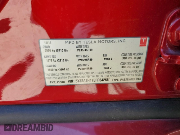 2014 Tesla Model S 60 with VIN 5YJSA1H17EFP64266, listed as a Copart auction lot 61678485 with 104,160 mi miles and Salvage title. Bid and sale history available at DreamBid. Image 13.