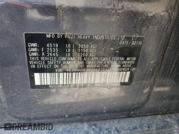 2015 Subaru Legacy 2.5i Limited with VIN 4S3BNAN60F3048201, listed as a Copart auction lot 65040433 with 130,787 mi miles. Bid and sale history available at carsss.com. Image 13.