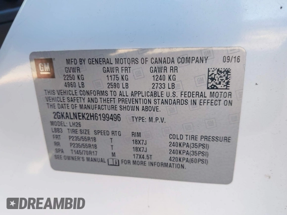 2017 GMC Terrain SLE z VIN 2GKALNEK2H6199496, wystawiony jako IAAI lot #41632391 z przebiegiem 123 326 mil mil oraz . Historia ofert i sprzedaży dostępna na DreamBid. Obrazek 9.