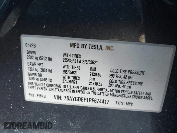 2023 Tesla Model Y Performance with VIN 7SAYGDEF1PF674417, listed as a IAAI auction lot 41421594 with 28,928 mi miles and . Bid and sale history available at DreamBid. Image 9.