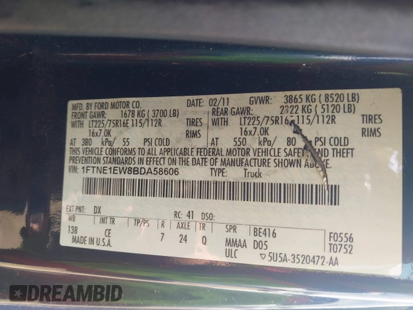 2011 Ford Econoline Cargo Commercial with VIN 1FTNE1EW8BDA58606, listed as a IAAI auction lot 42710443 with 177,024 mi miles and . Bid and sale history available at DreamBid. Image 9.