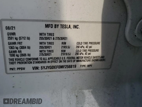 2021 Tesla Model Y Performance z VIN 5YJYGDEF0MF258819, wystawiony jako Copart lot #53944085 z przebiegiem 55 252 mil mil oraz Szkoda całkowita • Salvage title. Historia ofert i sprzedaży dostępna na DreamBid. Obrazek 12.
