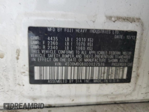 2013 Subaru Legacy Premium with VIN 4S3BMBG60D3027576, listed as a Copart auction lot 50894235 with 138,251 mi miles and Salvage Title. Bid and sale history available at DreamBid. Image 14.