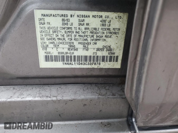 2003 Nissan Altima S with VIN 1N4AL11D43C337878, listed as a Copart auction lot 47036405 with 175,321 mi miles and Salvage Title. Bid and sale history available at carsss.com. Image 12.