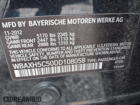 2013 BMW 5 Series 528i xDrive with VIN WBAXH5C50DD108058, listed as a IAAI auction lot 41874340 with 146,054 mi miles. Bid and sale history available at carsss.com. Image 9.