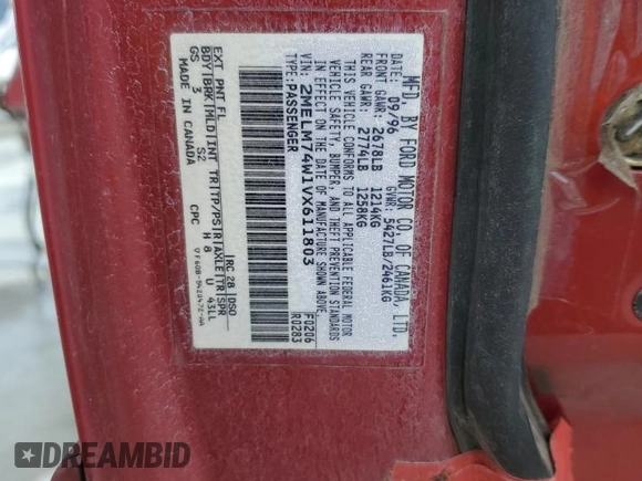 1997 Mercury Grand Marquis GS z VIN 2MELM74W1VX611803, wystawiony jako Copart lot #54315505 z przebiegiem 156 152 mil mil oraz Szkoda całkowita • Salvage title. Historia ofert i sprzedaży dostępna na DreamBid. Obrazek 13.