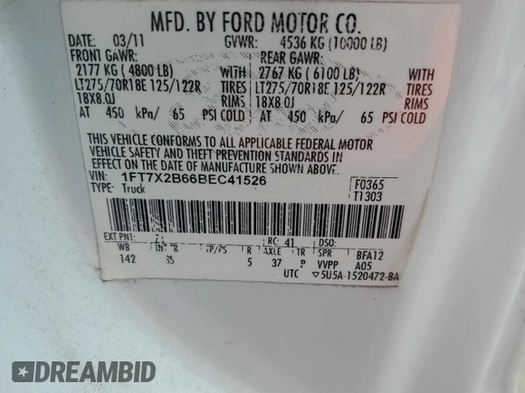 2011 Ford F-250 XL with VIN 1FT7X2B66BEC41526, listed as a Copart auction lot 63617455 with 197,068 mi miles and Salvage title. Bid and sale history available at DreamBid. Image 12.