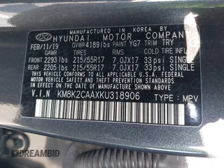 2019 Hyundai Kona SEL with VIN KM8K2CAAXKU318906, listed as a IAAI auction lot 41992237 with 101,964 mi miles. Bid and sale history available at carsss.com. Image 9.