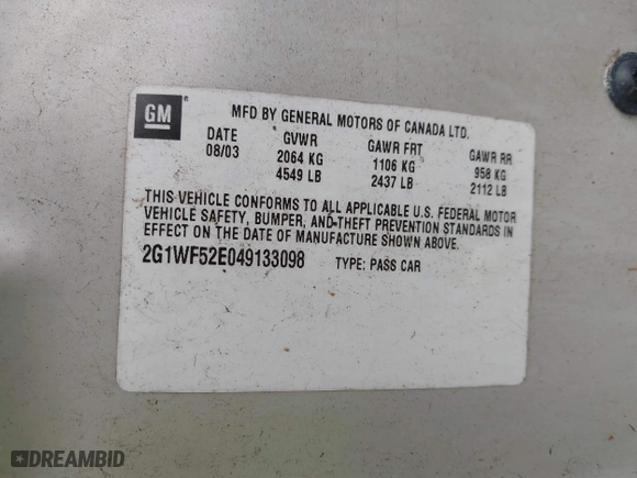 2004 Chevrolet Impala with VIN 2G1WF52E049133098, listed as a IAAI auction lot 42047110 with 111,879 mi miles. Bid and sale history available at carsss.com. Image 9.