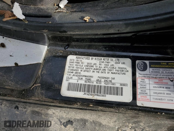2015 Nissan 370Z Sport with VIN JN1AZ4EH3FM440993, listed as a Copart auction lot 45400175 with 0 mi miles and Non Repairable. Bid and sale history available at carsss.com. Image 12.