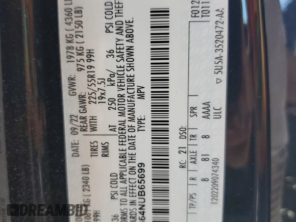 2022 Ford Escape SE with VIN 1FMCU0G64NUB65699, listed as a Copart auction lot 58134185 with 37,391 mi miles and Salvage title. Bid and sale history available at DreamBid. Image 13.