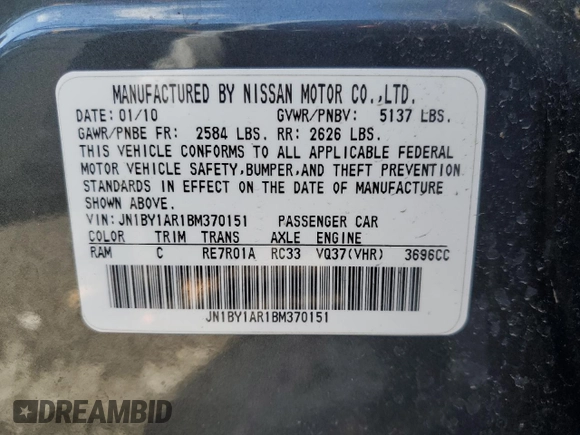 2011 Infiniti M37 with VIN JN1BY1AR1BM370151, listed as a Copart auction lot 45120405 with 163,349 mi miles and Non Repairable. Bid and sale history available at carsss.com. Image 12.