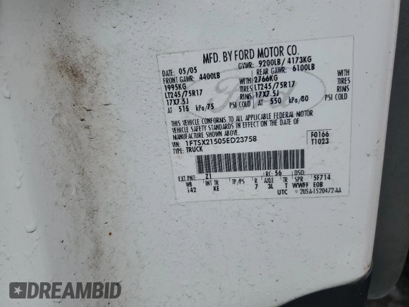 2005 Ford F-250 XL с VIN 1FTSX21505ED23758, выставлен на аукционе Copart как лот 43696815 с пробегом 244 445 миль миль и Списание • Salvage title. История ставок и продаж доступна на DreamBid. Изображение 12.