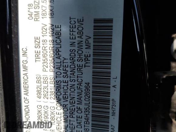 2018 Acura RDX with VIN 5J8TB4H35JL026964, listed as a Copart auction lot 65546124 with 72,456 mi miles and Clean Title. Bid and sale history available at DreamBid. Image 13.