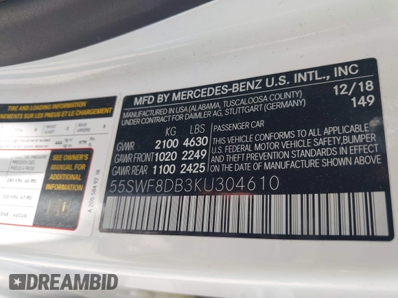2019 Mercedes-Benz C 300 with VIN 55SWF8DB3KU304610, listed as a IAAI auction lot 42318044 with 92,854 mi miles and . Bid and sale history available at DreamBid. Image 9.