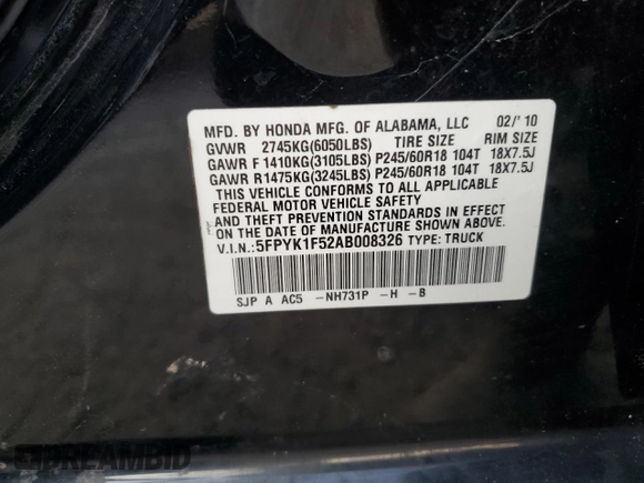 2010 Honda Ridgeline RTL with VIN 5FPYK1F52AB008326, listed as a Copart auction lot 71120074 with 157,688 mi miles and Salvage Title. Bid and sale history available at carsss.com. Image 12.