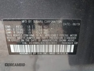 2020 Subaru Legacy Limited with VIN 4S3BWAL62L3002803, listed as a IAAI auction lot 42719146 with 50,263 mi miles and . Bid and sale history available at DreamBid. Image 9.