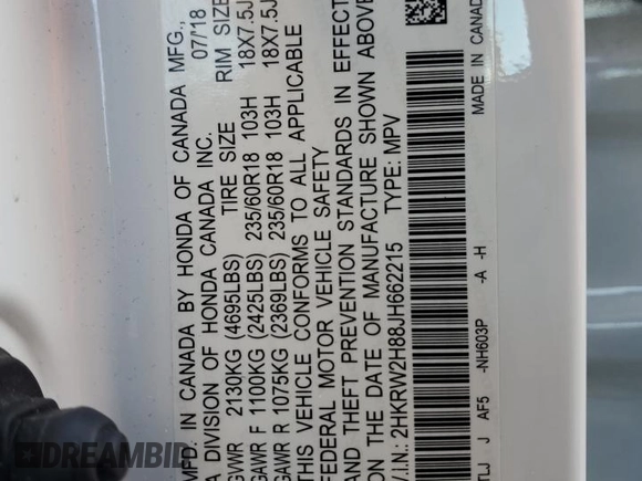 2018 Honda CR-V EX-L with VIN 2HKRW2H88JH662215, listed as a Copart auction lot 45950775 with 81,958 mi miles and Salvage Title. Bid and sale history available at carsss.com. Image 13.