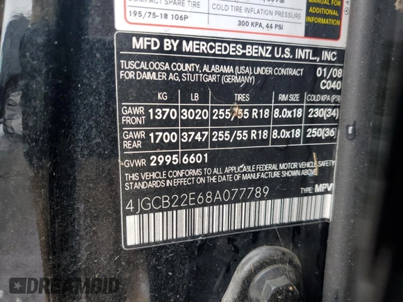 2008 Mercedes-Benz R 3.0L with VIN 4JGCB22E68A077789, listed as a Copart auction lot 70955314 with 250,664 mi miles and Clean title. Bid and sale history available at DreamBid. Image 12.