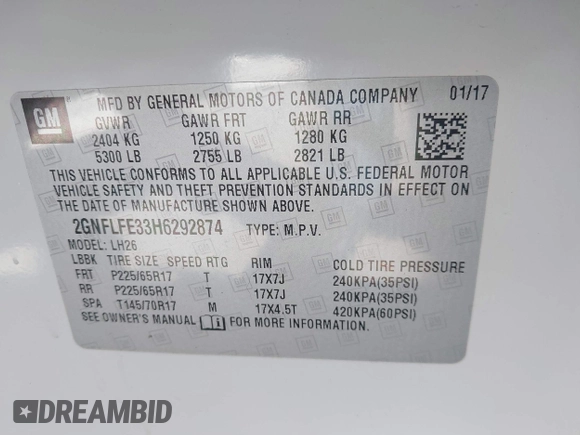 2017 Chevrolet Equinox LT with VIN 2GNFLFE33H6292874, listed as a IAAI auction lot 41428193 with 101,436 mi miles and . Bid and sale history available at carsss.com. Image 9.