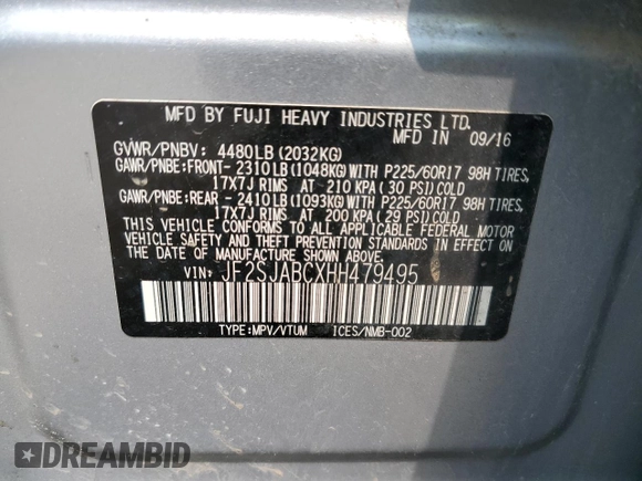 2017 Subaru Forester z VIN JF2SJABCXHH479495, wystawiony jako Copart lot #58722395 z przebiegiem 108 275 mil mil oraz Szkoda całkowita • Salvage title. Historia ofert i sprzedaży dostępna na DreamBid. Obrazek 12.
