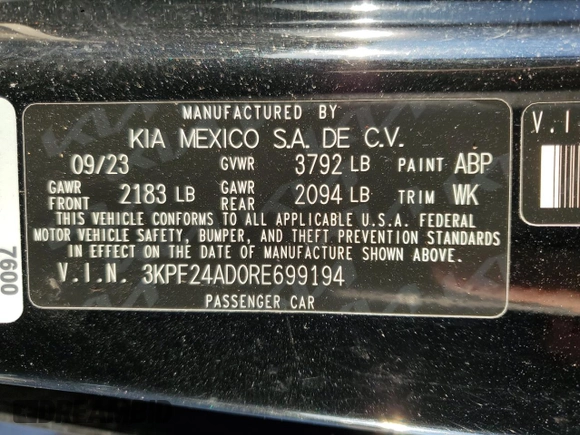 2024 Kia Forte LX with VIN 3KPF24AD0RE699194, listed as a Copart auction lot 88967025 with 32,691 mi miles and Salvage Title. Bid and sale history available at carsss.com. Image 14.