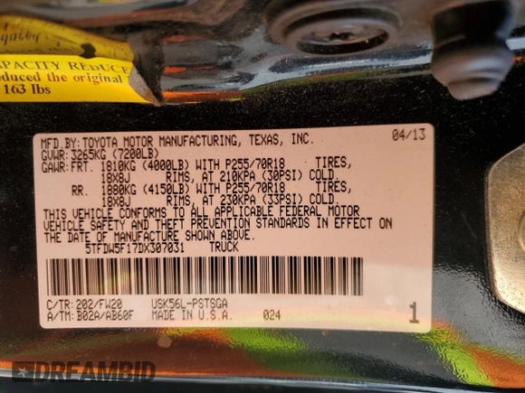 2013 Toyota Tundra with VIN 5TFDW5F17DX307031, listed as a Copart auction lot 49740825 with 113,917 mi miles and Salvage title. Bid and sale history available at DreamBid. Image 12.