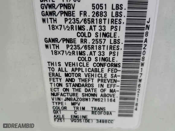 2007 Nissan Murano S with VIN JN8AZ08W17W621164, listed as a Copart auction lot 66770314 with 199,252 mi miles and Salvage Title. Bid and sale history available at carsss.com. Image 15.