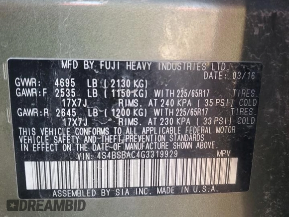 2016 Subaru Outback 2.5i with VIN 4S4BSBAC4G3319929, listed as a Copart auction lot 50617545 with 135,256 mi miles and Salvage title. Bid and sale history available at DreamBid. Image 13.