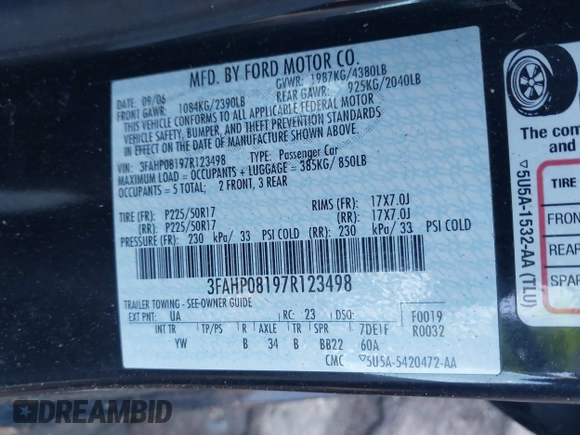 2007 Ford Fusion SEL with VIN 3FAHP08197R123498, listed as a IAAI auction lot 41173680 with 1 mi miles. Bid and sale history available at carsss.com. Image 9.