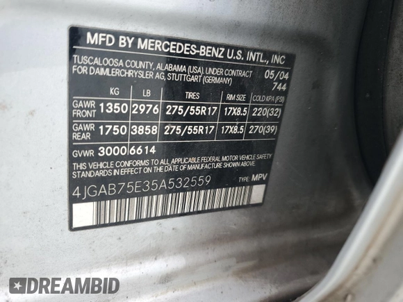 2005 Mercedes-Benz M 500 z VIN 4JGAB75E35A532559, wystawiony jako Copart lot #85321484 z przebiegiem 305 999 mil mil oraz Szkoda całkowita • Salvage title. Historia ofert i sprzedaży dostępna na DreamBid. Obrazek 15.