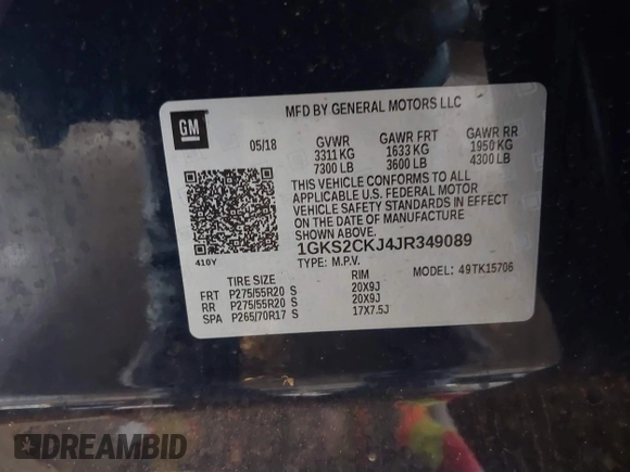 2018 GMC Yukon Denali with VIN 1GKS2CKJ4JR349089, listed as a IAAI auction lot 41862503 with 117,134 mi miles. Bid and sale history available at carsss.com. Image 9.