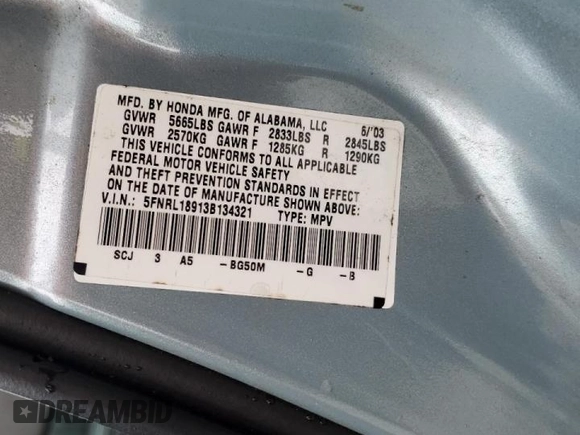 2003 Honda Odyssey EX-L with VIN 5FNRL18913B134321, listed as a Copart auction lot 44525465 with 254,666 mi miles and Salvage Title. Bid and sale history available at DreamBid. Image 15.