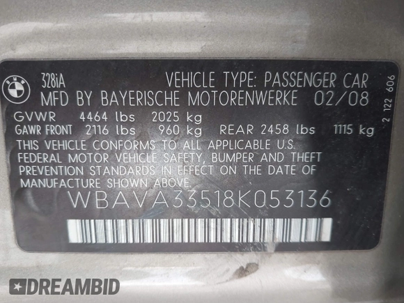 2008 BMW 3 Series 328i with VIN WBAVA33518K053136, listed as a IAAI auction lot 41640409 with 89,506 mi miles and . Bid and sale history available at DreamBid. Image 9.