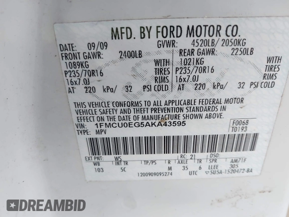 2010 Ford Escape Limited с VIN 1FMCU0EG5AKA43595, выставлен на аукционе IAAI как лот 40711908 с пробегом 196 267 миль миль и . История ставок и продаж доступна на DreamBid. Изображение 9.