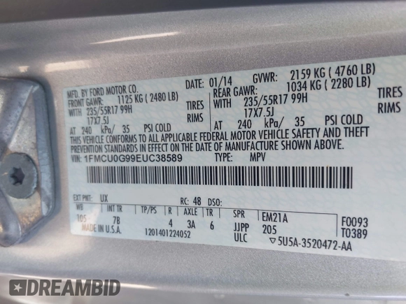 2014 Ford Escape SE с VIN 1FMCU0G99EUC38589, выставлен на аукционе IAAI как лот 42201138 с пробегом 139 416 миль миль и . История ставок и продаж доступна на DreamBid. Изображение 9.