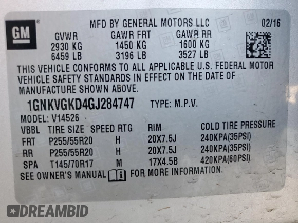 2016 Chevrolet Traverse LT with VIN 1GNKVGKD4GJ284747, listed as a Copart auction lot 52761015 with 103,010 mi miles and Clean Title. Bid and sale history available at DreamBid. Image 13.