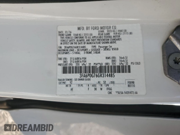 2016 Ford Fusion S z VIN 3FA6P0G76GR314485, wystawiony jako Copart lot #54860325 z przebiegiem 88 010 mil mil oraz Szkody całkowita. Historia ofert i sprzedaży dostępna na DreamBid. Obrazek 13.