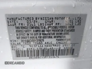 2024 Nissan Sentra SV with VIN 3N1AB8CV5RY315676, listed as a IAAI auction lot 41538052 with 2,410 mi miles and . Bid and sale history available at DreamBid. Image 9.